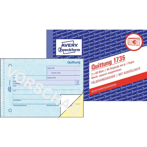 Quittung MwSt. separat ausgewiesen, 1. &  2.Bl. bedr., SD, DIN A6 quer, 2x40Bl.