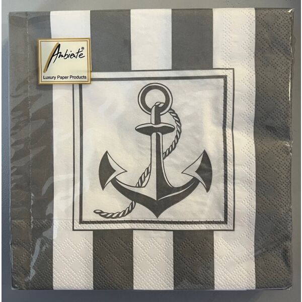 Servietten Lunch 33 x 33 cm 3--lagig 20 Servietten ANCHOR GREY Anker grau-weiß maritim