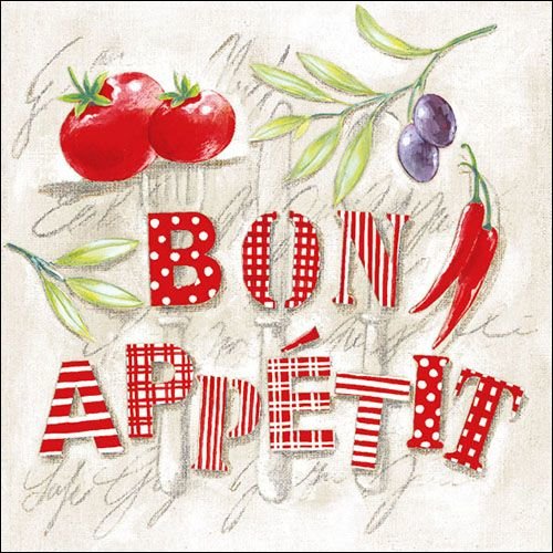 A - Servietten Lunch – Napkin Lunch – Format: 33 x 33 cm – 3-lagig – 20 Servietten pro Packung -  Bon Appetit – Tomate und Oliven - Ambiente