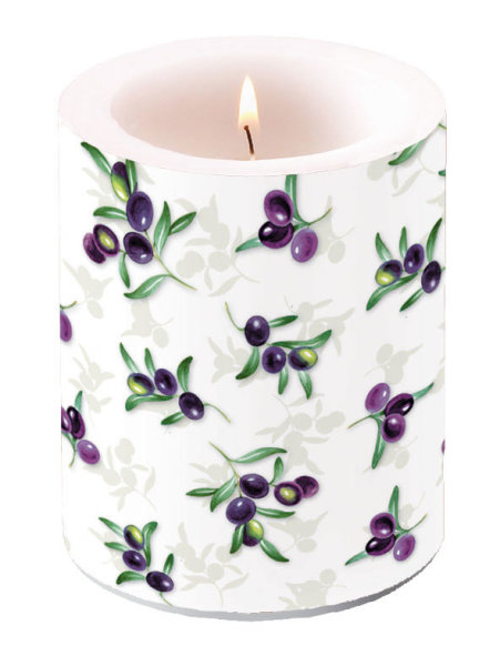 Kerze gross – Candle Big – Format: Ø 12 cm x 10 cm – Brenndauer: 75 Std. - 1 Kerze pro Packung - Olives All Over – Oliven überall - Ambiente