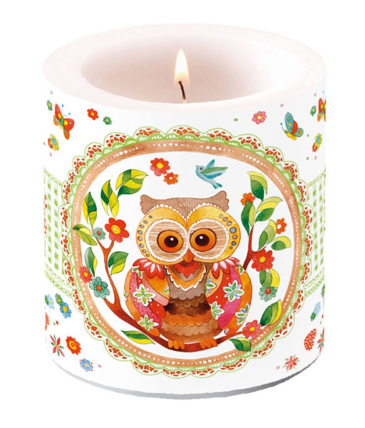 Kerze klein – Candle small – Format: Ø 7,5 cm x 9 cm – Brenndauer: 35 Std. - 1 Kerze pro Packung - Signed Owl – Eule