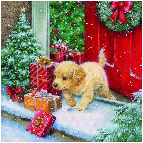 Weihnachten Servietten 33x33 cm 3-lagig 20 Stück X-Mas puppy FSC Mix  Welpe Hund Haustür Geschenke Schnee