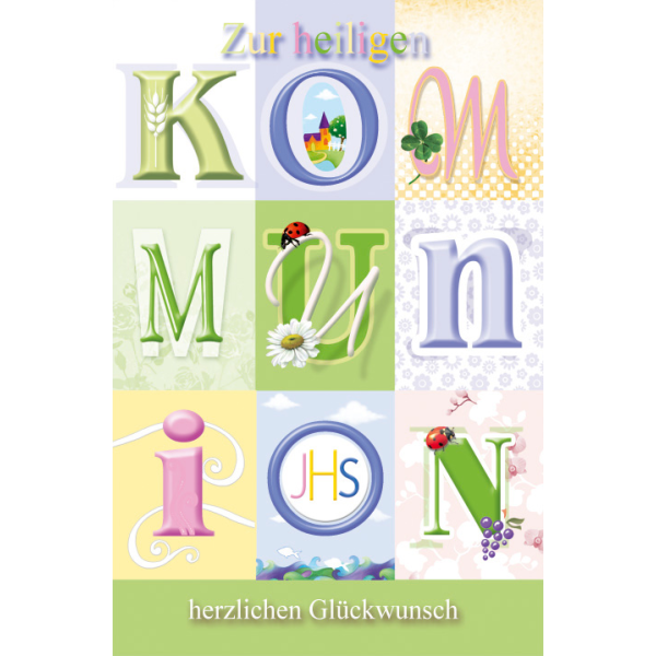 A Kommunion Glückwunschkarte mit Umschlag bunte Felder bunte Buchstaben Marienkäfer