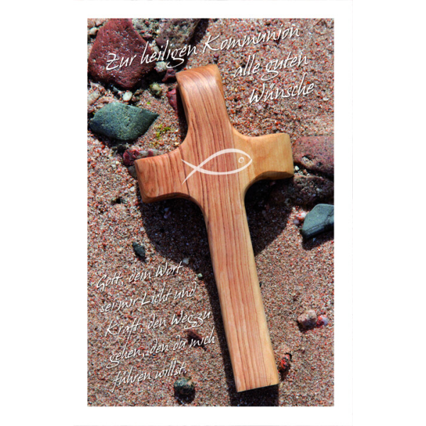 Kommunion Glückwunschkarte mit Umschlag Holzkreuz mit Fisch im Sand