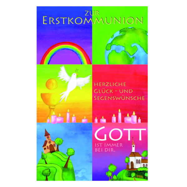 A Kommunion Glückwunschkarte mit Umschlag Kirche Taube Kelch Kerzen Regenbogen