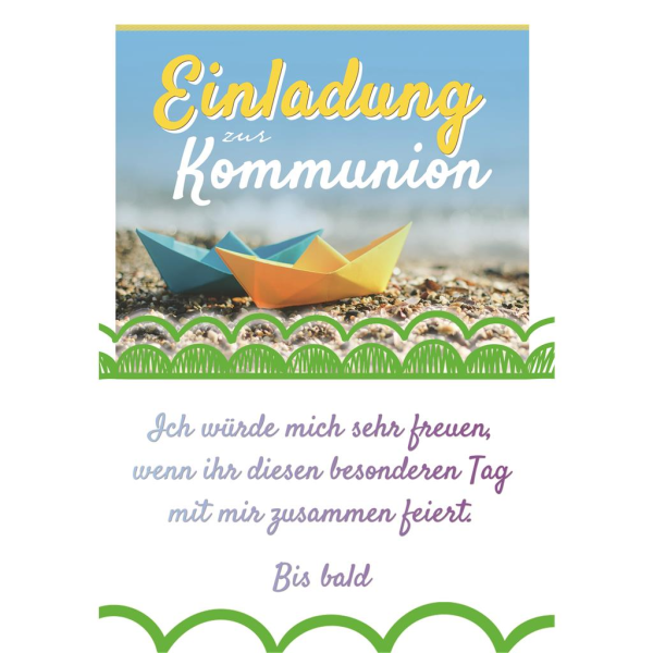 Kommunion 5 Einladungen mit 5 Umschlägen mit Innentext Papierboote