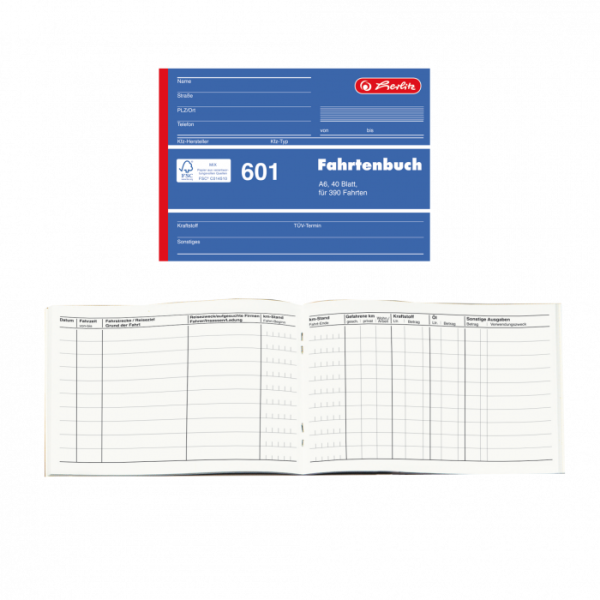 Fahrtenbuch für PKW, A6 quer, 40 Blatt, für 390 Fahrten