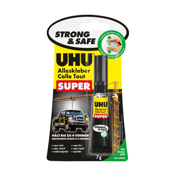 UHU ALLESKLEBER SUPER Strong & Safe, Tube mit 7g, Infokarte