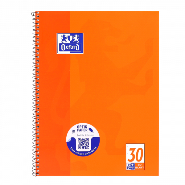 Collegeblock Oxford Schule, Optik Paper 90 g/qm, A4+, blanko, 80 Blatt Lineatur 30