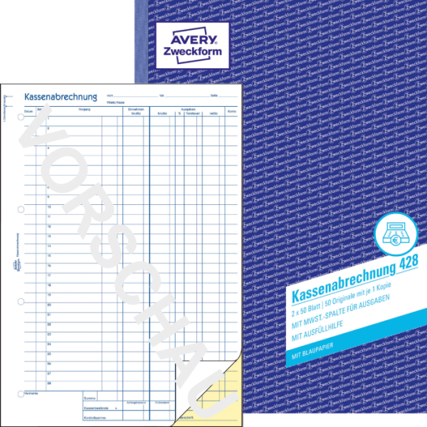 Kassenabrechnung, MwSt.-Spalte für Ausgaben, A4, mit Blaupapier, 2x50 Blatt