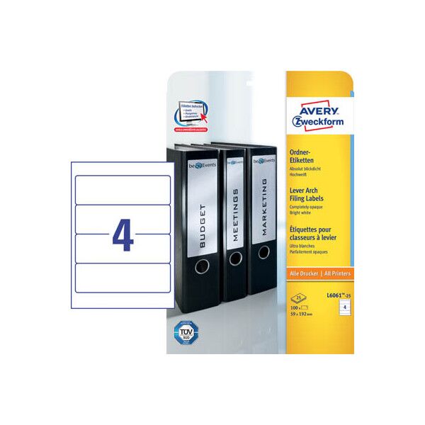 AVERY Zweckform selbstklebende Rückenschilder ultragrip L6061-25 weiß breit/kurz 59x192mm (BxH) selbstklebend permanent 30 Blatt