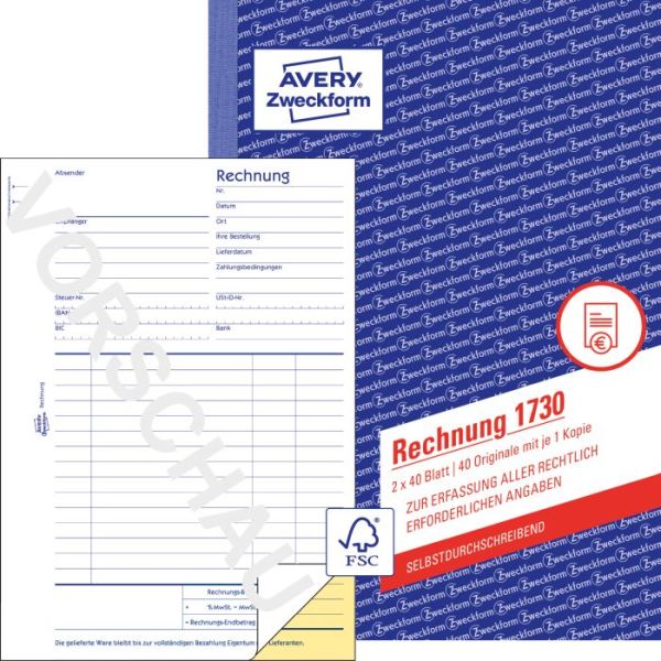 Rechnung, 1. und 2. Blatt bedruckt, selbstdurchschreibend DIN A5, 2x40 Blatt