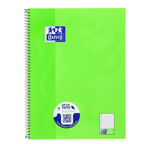 Collegeblock Oxford Schule, Optik Paper 90 g/qm, A4+, 9mm liniert, 80 Blatt, Lineatur 21