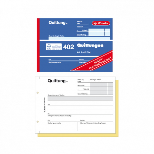 Quittungsblock 402, selbstdurchschreibend, A6 quer, 2x40 Blatt - Buchhaltungs-, Kassenformular Quittungsblock A6 402 2x40 Blatt selbstdurchschreibend FSC 402.