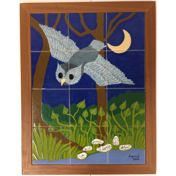 Kachelbild mit Rahmen - 3x4 Kacheln im Format 15x15cm - Gesamtgröße mit Rahmen 53 x 68cm - Eule / Uhu