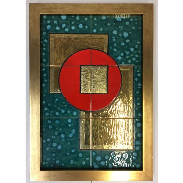 Kachelbild mit Goldlegierung und edlem Rahmen - 2x3 Kacheln im Format 20x20 cm - Gesamtgröße mit Rahmen 46 x 67cm - Dekor: Türkisgold