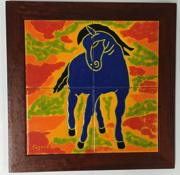D+S - Kachelbild mit Rahmen - 2x2 Kacheln im Format 15x15cm - Gesamtgröße mit Rahmen 37,5 x 37,5 cm - Blaues Pferd nach Franz Marc