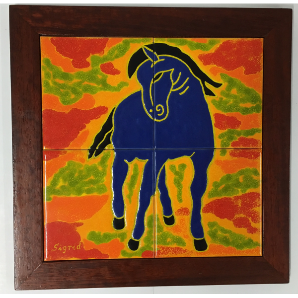 Kachelbild mit Rahmen - 2x2 Kacheln im Format 15x15cm - Gesamtgröße mit Rahmen 37,5 x 37,5 cm - Blaues Pferd nach Franz Marc