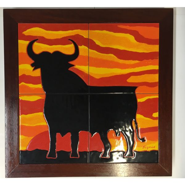 Kachelbild mit Rahmen - 2x2 Kacheln im Format 20x20 cm - Gesamtgröße mit Rahmen 48 x 48 cm - El Torro - Stier