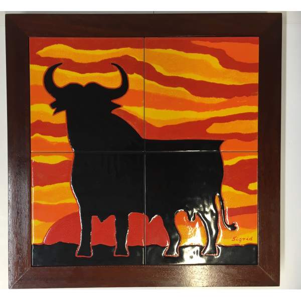 Kachelbild mit Rahmen - 2x2 Kacheln im Format 20x20 cm - Gesamtgröße mit Rahmen 48 x 48 cm - El Torro - Stier