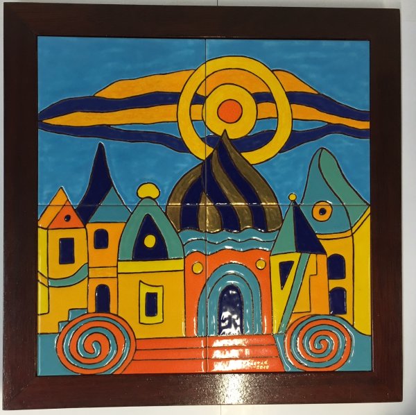 Kachelbild mit Goldlegierung und Rahmen - 2x2 Kacheln im Format 20x20 cm - Gesamtgröße mit Rahmen 48 x 48 cm - Marrakesch
