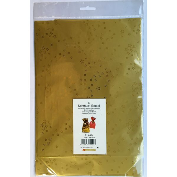 Xmas and more - Schmuckbeutel 21 x 30 cm - gold - mit Sternen - Zellglasbeutel / Klarsichtbeutel mit Druck - Inhalt/VE=6 Beutel - UVP: € 2,25
