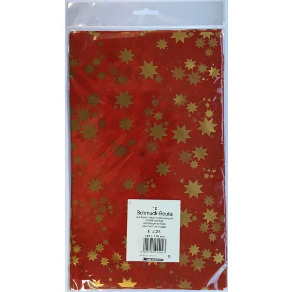 Xmas and more Schmuckbeutel 18 x 30 cm rot mit Sternen Zellglasbeutel Klarsichtbeutel mit Druck Inhalt/VE=10 Beutel