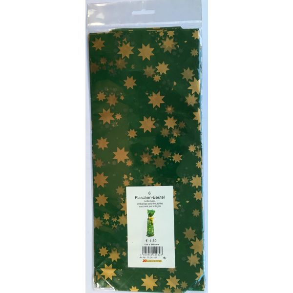 Xmas and more Flaschen-Beutel - Schmuckbeutel 15 x 36 cm - grün - mit Sternen - Zellglasbeutel / Klarsichtbeutel mit Druck - Inhalt/VE=6 Beutel - UVP: € 1,50