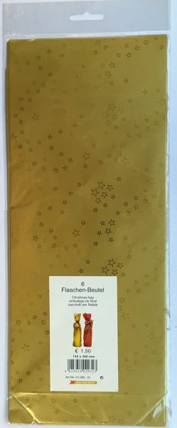 Flaschen-Beutel - Schmuckbeutel 15 x 36 cm - gold - mit Sternen - Inhalt/VE=6 Beutel - UVP: € 1,50