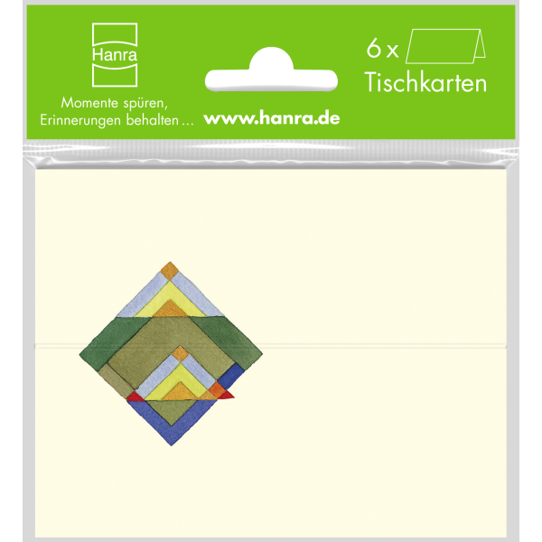 Tischkarte - 6er-Set - 6 Stück im Topper - cremefarben mit ausgestanztem Quadrat und Goldfolie – Tischkarten im Format: 9 x 11,5 cm