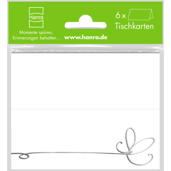 A - Tischkarte - 6er-Set - 6 Stück im Topper – Herzschleife in Silber – Tischkarten im Format: 9 x 11,5 cm