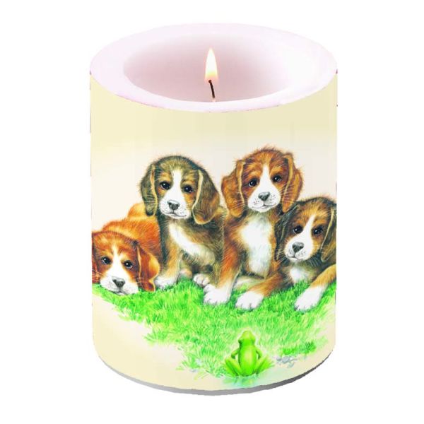 Kerze gross Ø 12 cm x 10 cm Brenndauer 75 Std. Four Doggies vier Hunde