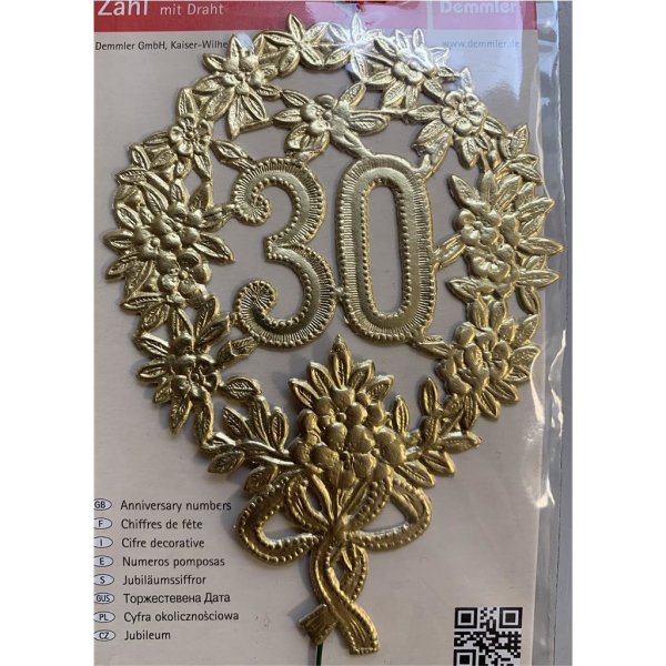 „30“ Jubiläumszahl Gold - Festliche Zahl - Blumenstecker