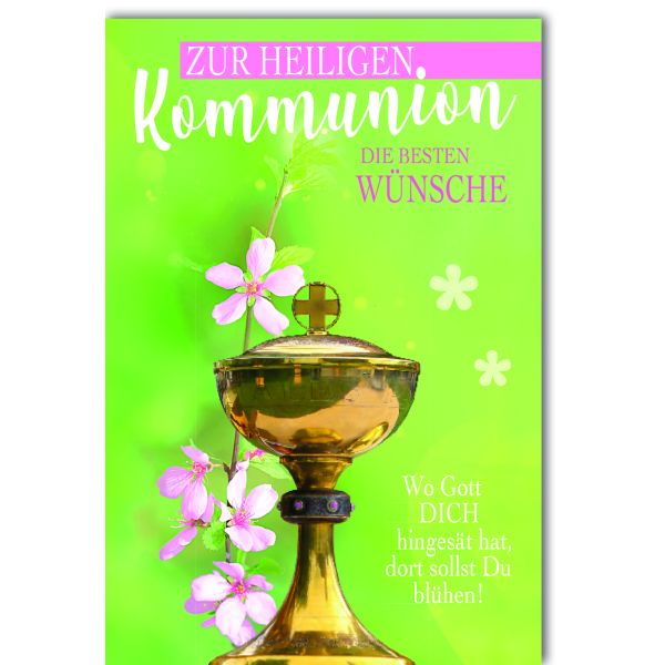 A Kommunion Karte mit Umschlag Kelch mit Blüten