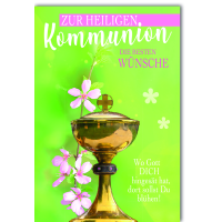 A Kommunion Karte mit Umschlag Kelch mit Blüten