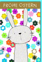 Ostern - Karte mit Umschlag - Hase auf bunten Blumen