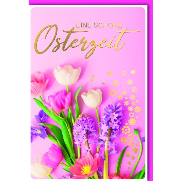 A Ostern Karte mit Umschlag Blumen auf rosa Grund schöne Osterzeit