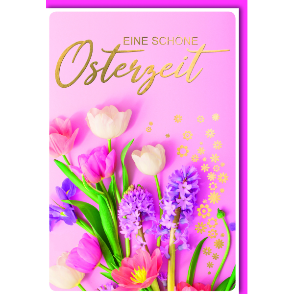 A Ostern Karte mit Umschlag Blumen auf rosa Grund schöne Osterzeit