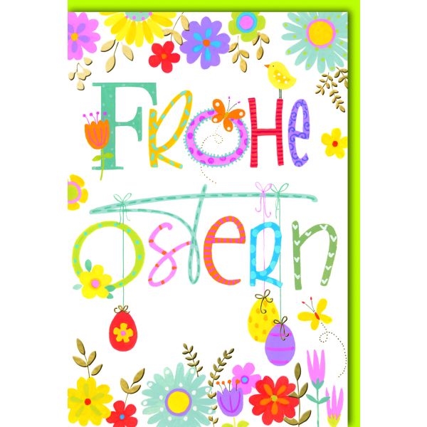 Ostern Karte mit Umschlag bunte Buchstaben Eieranhänger Blumen