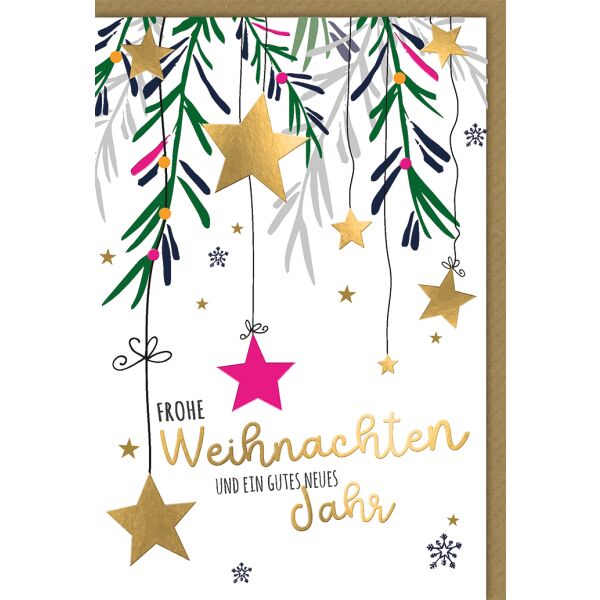 Weihnachtskarte mit Umschlag Frohe Weihnachten hängende Sterne