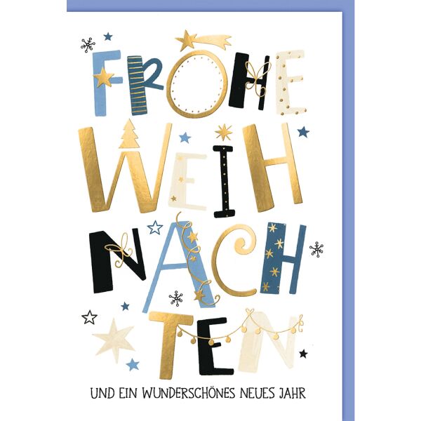 Weihnachtskarte mit Umschlag Frohe Weihnachten große Buchstaben blau gold