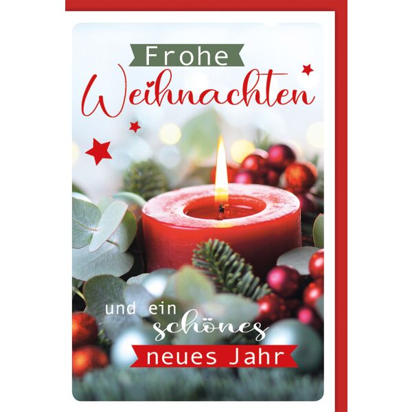 Weihnachtskarte mit Umschlag Frohe Weihnachten rote Kerze mit Eukalyptus