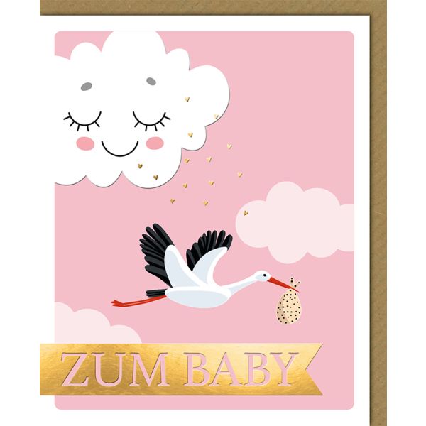 Geburt Baby Freudiges Ereignis Snapshot Glückwunschkarte mit Umschlag Zum Baby fliegender Storch rosa