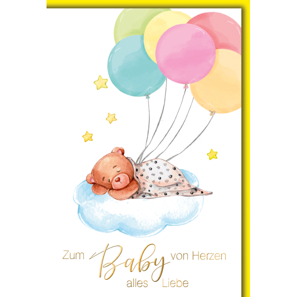 Geburt Baby Freudiges Ereignis Karte mit Umschlag Bär mit Luftballons