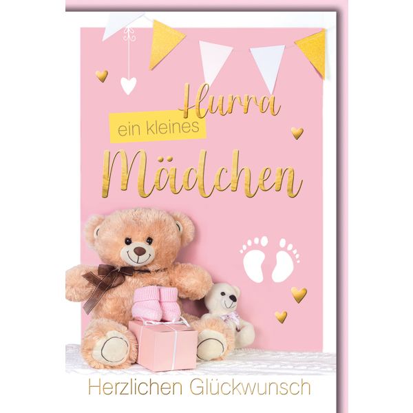 Geburt Baby Freudiges Ereignis Glücksmomente Karte mit Umschlag "Hurra ein kleines Mädchen"