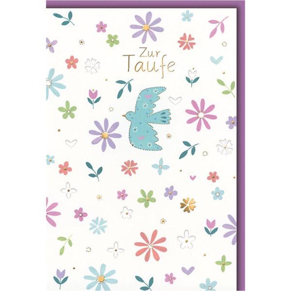 A Taufe Glückwunschkarte mit Umschlag blaue Taube mit Blumen