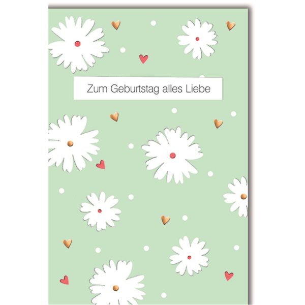 Geburtstag - Glückwunschkarte im Format 11,5 x 17 cm mit Umschlag - Weiße Blumen bunte Herzen - Verlag Dominique