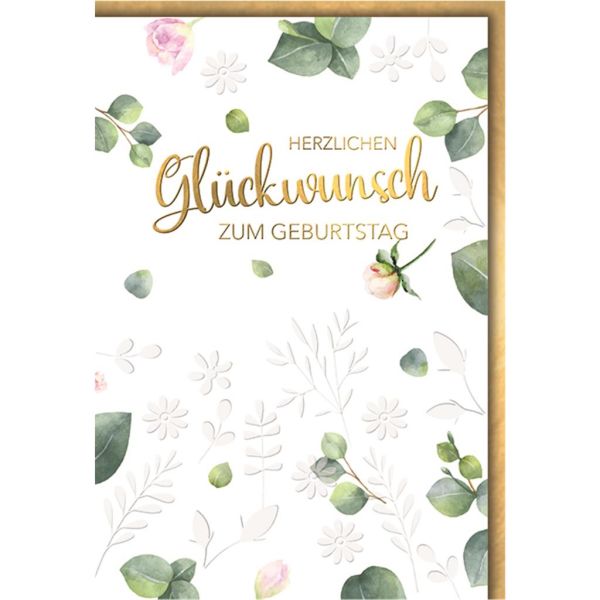 Geburtstag Glückwunschkarte mit Umschlag Herzlichen Glückwunsch Blätter und Rosen