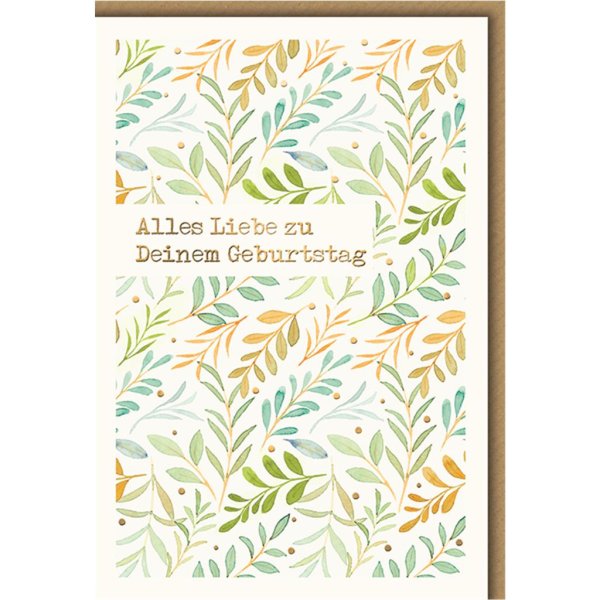 Geburtstag - Glückwunschkarte im Format 11,5 x 17 cm mit Umschlag - Alles Liebe grünes Blättermuster - Verlag Dominique