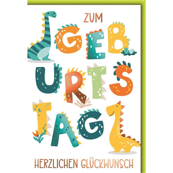 Geburtstag - Glückwunschkarte im Format 11,5 x 17 cm mit Umschlag - bunte Drachen - Dinosaurier - Verlag Dominique